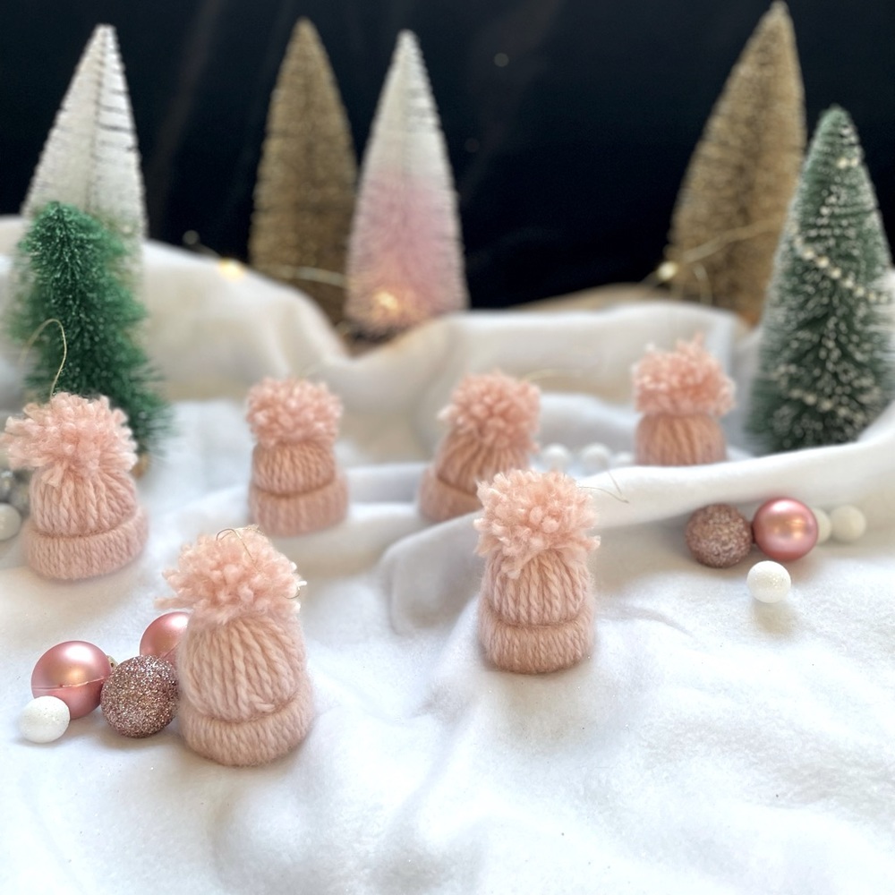 Handmade miniature blush pink beanie hat ornaments